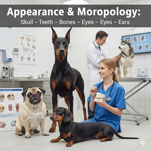 Bác sĩ thú y kiểm tra nhiều giống chó trong phòng khám, minh họa ngoại hình & hình thái: sọ, răng, xương, chân, mắt, tai