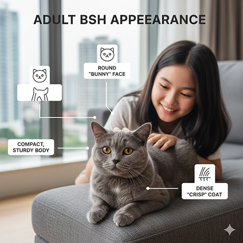 Cô gái vuốt ve mèo Anh lông ngắn trưởng thành màu xám xanh trên ghế sofa, minh họa các đặc điểm ngoại hình điển hình của giống British Shorthair