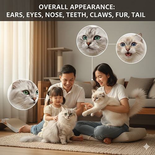 Gia đình chơi với mèo cùng các chi tiết cận cảnh về tai, mắt, mũi và lông mèo.