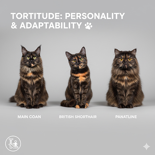 ba mèo đồi mồi thuộc các giống khác nhau ngồi trên nền xám minh họa sự khác biệt ngoại hình và tính cách