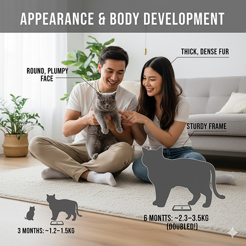Cặp đôi trẻ đang chơi cùng mèo Anh lông ngắn 6 tháng tuổi, minh họa sự phát triển cơ thể với khung xương chắc khỏe và lông dày mượt.