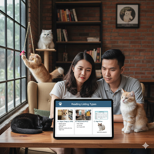 Cặp đôi xem máy tính bảng hiển thị “Reading Listing Types” với ba nhóm A–Siêu rẻ, B–Giá mềm hợp lý, C–Giá cao; xung quanh có nhiều mèo trong không gian gạch đỏ – minh họa cách “ngửi giá” qua 3 kiểu tin rao
