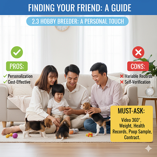 Hai gia đình cùng chơi với chó con trong phòng khách, minh họa cho bài viết “Người nuôi sinh sản nhỏ (Hobby Breeder) – ưu nhược điểm & lưu ý khi chọn mua chó con”