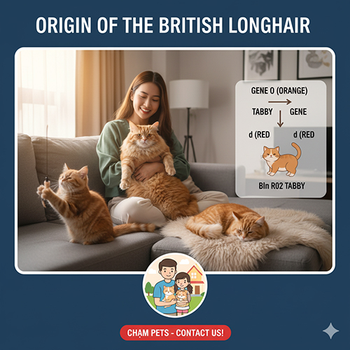 Nguồn gốc màu vàng (Red Tabby) trong dòng mèo Anh lông dài – kết hợp giữa gen O (Orange) và gen Tabby từ mèo Ba Tư