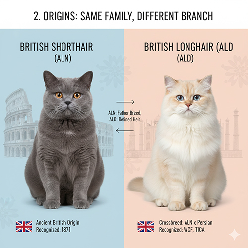 Ảnh so sánh mèo Anh lông ngắn màu xám và mèo Anh lông dài màu kem với nền xanh và hồng minh họa hai nhánh British khác nhau