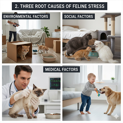Các nguyên nhân khiến mèo stress gồm môi trường sống, yếu tố xã hội và vấn đề sức khỏe
