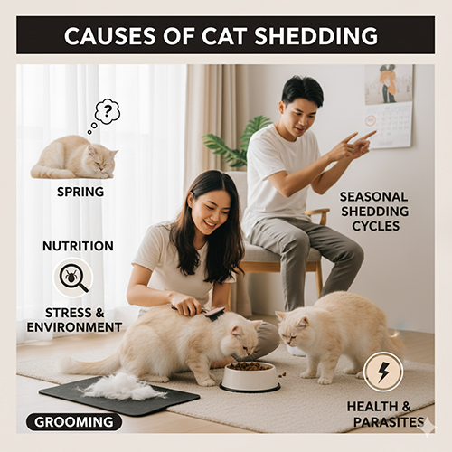 Cặp đôi đang chải lông cho hai mèo Anh lông dài trong nhà, minh họa các nguyên nhân gây rụng lông như dinh dưỡng, stress và ký sinh trùng.