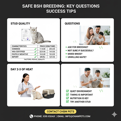 Bác sĩ thú y và gia đình chăm sóc mèo Anh lông ngắn trong quá trình phối giống, minh họa nguyên tắc an toàn sinh sản