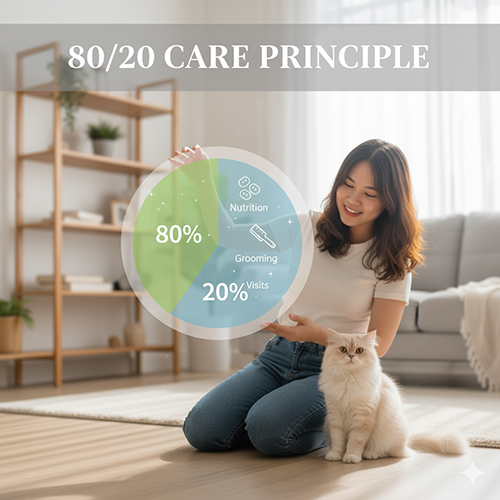 Cô gái ngồi cạnh mèo Anh lông dài và cầm biểu đồ 80/20 minh họa nguyên tắc chăm sóc mèo.