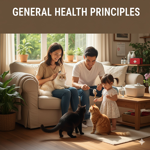 Gia đình cùng ba chú mèo trong phòng khách sạch sẽ, minh họa cho nguyên tắc chăm sóc sức khỏe tổng quát cho mèo