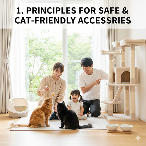 Gia đình cùng chơi với hai chú mèo bên cạnh cây leo, khay cát và bát ăn uống, minh họa không gian sống an toàn và thân thiện cho mèo.