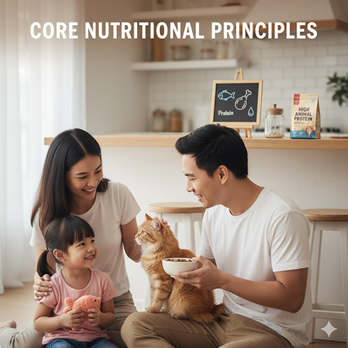 Gia đình trẻ cho mèo ăn trong bếp, phía sau có bảng ghi Protein và túi thức ăn, minh họa nguyên tắc dinh dưỡng cốt lõi cho mèo.