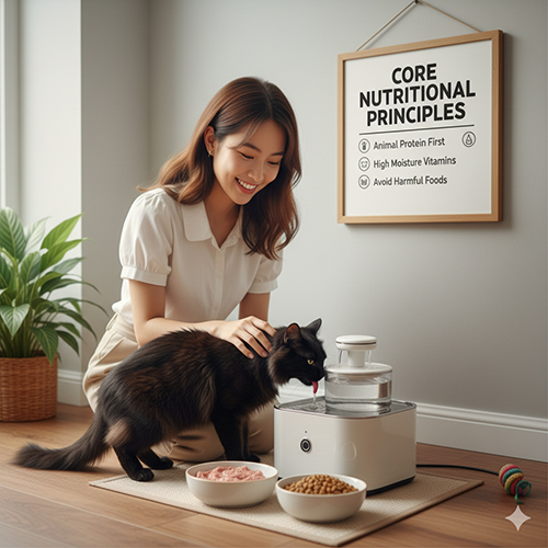 Chủ vuốt ve mèo đen đang uống nước từ đài phun bên cạnh bát pate và hạt khô, bảng “Core Nutritional Principles” treo tường — minh họa nguyên tắc dinh dưỡng cho mèo ăn thịt bắt buộc.