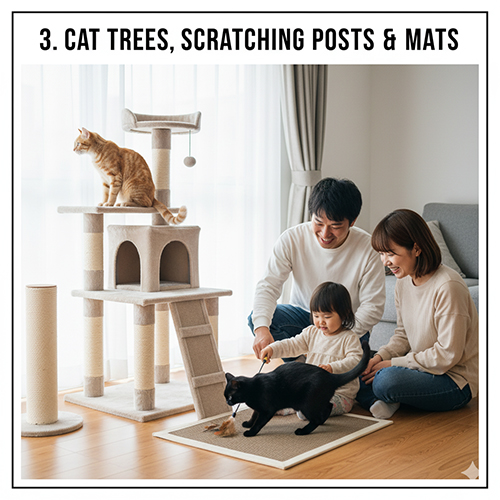 Gia đình vui đùa cùng hai chú mèo bên cạnh nhà cây, trụ cào và thảm cào, thể hiện môi trường leo trèo và cào móng an toàn cho mèo.