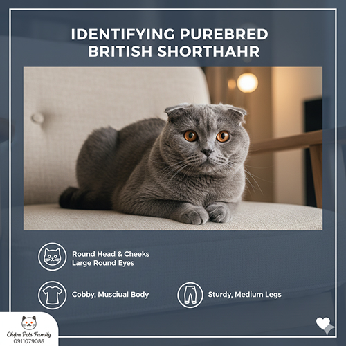 Đặc điểm nhận biết mèo Anh thuần chủng British Shorthair qua đầu tròn, mắt to, thân bè và chân ngắn vừa phải