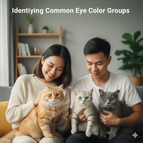 Cặp đôi trẻ ôm ba chú mèo Anh với ba màu mắt khác nhau, minh họa các nhóm màu mắt phổ biến như vàng, xanh lá và xanh dương.