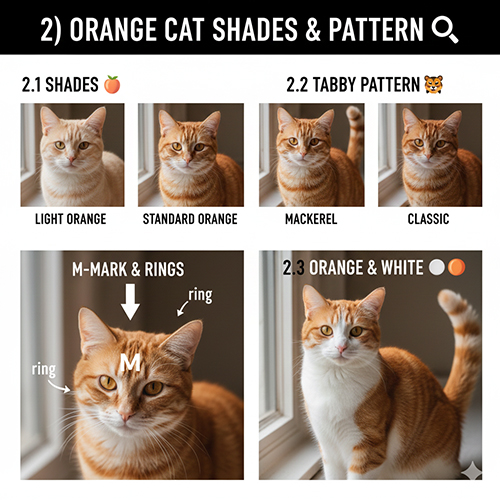 Bảng minh họa mèo cam với các sắc độ cam nhạt, cam tiêu chuẩn, đỏ sâu và pattern tabby mackerel, classic, cam trắng