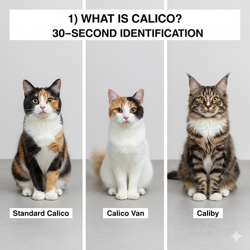 Ba kiểu mèo tam thể calico phổ biến gồm calico chuẩn, calico van và caliby