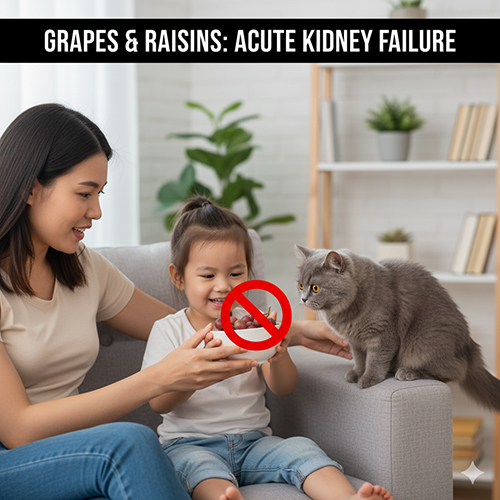 Mèo Anh lông ngắn nhìn chằm chằm vào chén nho bị gạch chéo đỏ mà bé gái đang cầm trên tay cùng mẹ.