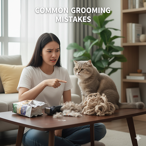 Cô gái bực mình khi mèo Anh lông dài rụng nhiều lông trên bàn, minh họa các sai lầm khi chăm sóc lông mèo không đúng cách.