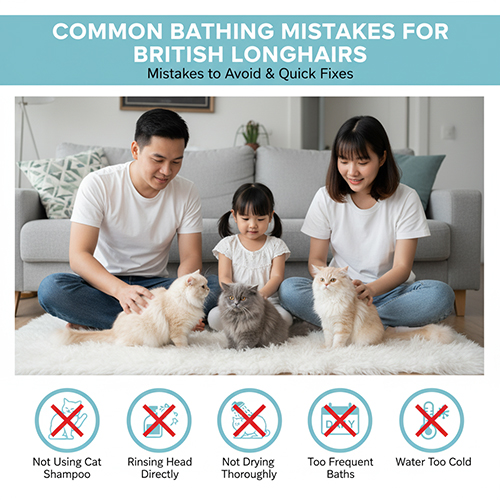 Gia đình chơi cùng ba mèo Anh lông dài, minh họa các lỗi thường gặp khi tắm như tắm quá thường xuyên hoặc không sấy khô kỹ.