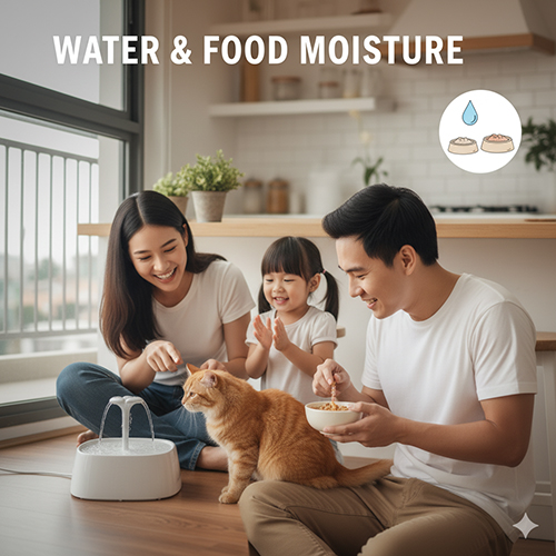 Gia đình cho mèo ăn cạnh máy phun nước trong căn hộ sáng sủa, biểu tượng giọt nước và bát ăn minh họa tầm quan trọng của độ ẩm trong khẩu phần mèo.