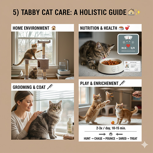 Hướng dẫn chăm sóc mèo mướp toàn diện gồm môi trường sống, dinh dưỡng, chăm lông và hoạt động vui chơi