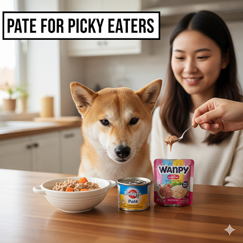 Chó Shiba nhìn chén pate trên bàn cùng các gói Pedigree và Wanpy, cô chủ mỉm cười bên cạnh.