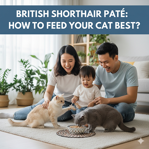 Gia đình cho hai mèo Anh lông ngắn ăn pate trên thảm phòng khách, không khí vui vẻ ấm cúng