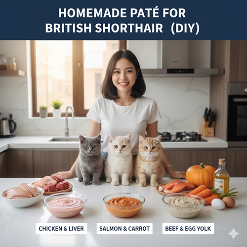 Cô gái trong bếp cùng ba mèo Anh lông ngắn và nguyên liệu làm pate tự nấu như gà, gan, cá hồi, bí đỏ, bò và trứng