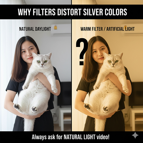 Cô gái bế mèo Anh lông ngắn màu silver, ảnh chia đôi so sánh ánh sáng tự nhiên bên trái và ảnh bị filter cam ấm bên phải để minh họa sự khác biệt màu bạc thật.