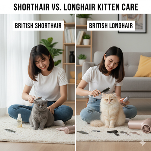 Cô gái chải lông cho mèo Anh lông ngắn và mèo Anh lông dài, thể hiện sự khác biệt trong cách chăm sóc từng loại lông