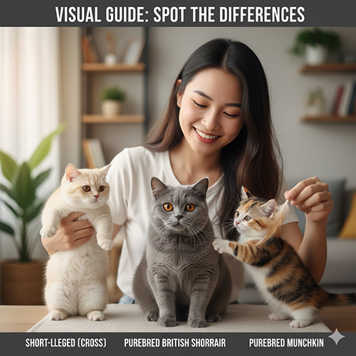 So sánh trực quan giữa mèo Anh lai chân ngắn, mèo Anh thuần British Shorthair và mèo Munchkin thuần chủng
