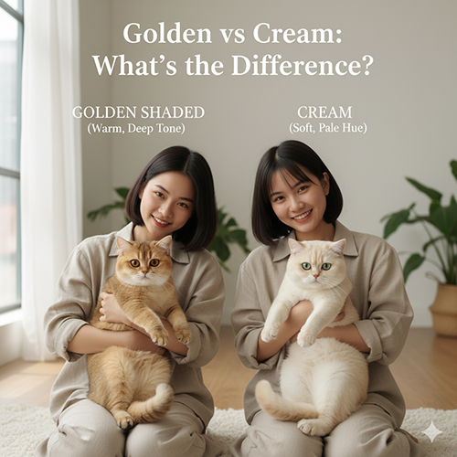 Hai cô gái song sinh mỗi người ôm một chú mèo Anh lông ngắn: bên trái là mèo Golden màu vàng đậm ấm, bên phải là mèo Cream màu vàng nhạt dịu.