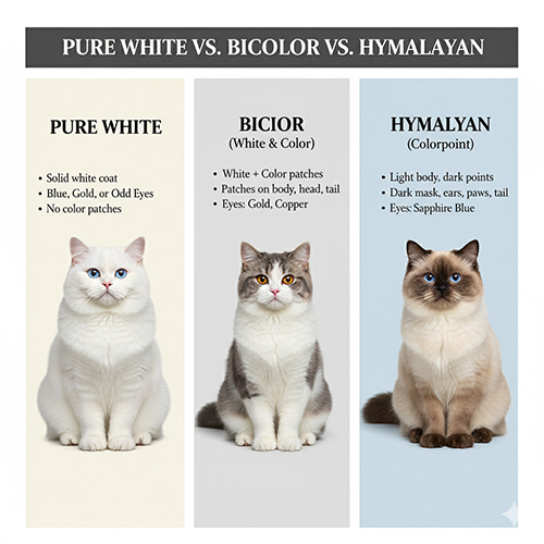 So sánh mèo Anh lông dài trắng thuần, bicolor và hyma (colorpoint) – khác biệt về màu lông và mắt