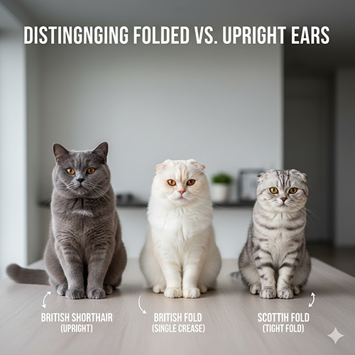 Cách phân biệt mèo Anh tai cụp và Scottish Fold thuần dựa vào độ gập tai và hình dáng đầu