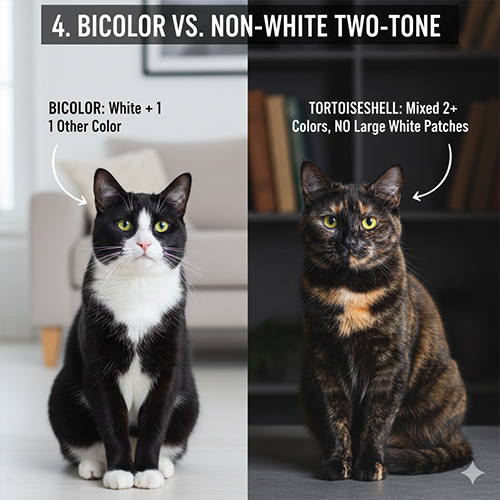 So sánh mèo bicolor có mảng trắng với mèo hai màu không có trắng như đồi mồi