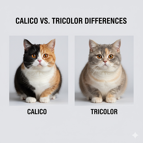 Hai chú mèo Anh tam thể đặt cạnh nhau, bên trái là Calico mảng rõ tương phản mạnh, bên phải là Tricolor chuyển sắc dịu nhẹ
