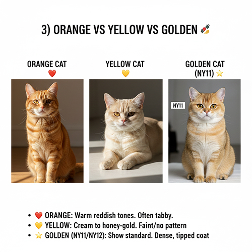 So sánh mèo cam, mèo vàng và mèo Golden NY11 qua màu lông, sắc độ và hoa văn đặc trưng