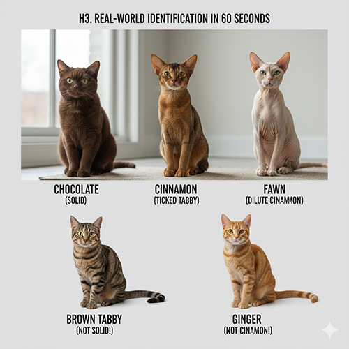 So sánh mèo chocolate cinnamon fawn với brown tabby và ginger để nhận diện nhanh ngoài đời