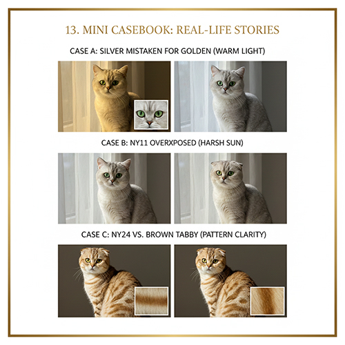 Các tình huống thực tế giúp phân biệt mèo Golden với Silver và các mã màu ny11 ny12 ny24