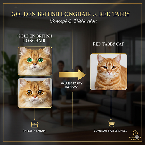 So sánh mèo Anh lông dài Golden và mèo Red Tabby về màu lông, mắt, độ hiếm và giá trị