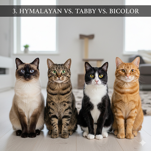 So sánh mèo Hyma color point với tabby, mèo phối trắng, mèo cam và golden