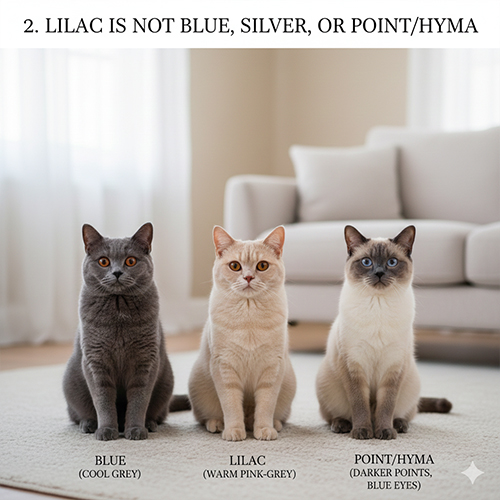 So sánh mèo lilac xám hồng nhạt với mèo blue xám lạnh và mèo point hyma mắt xanh trong cùng khung hình