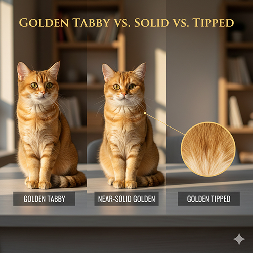 So sánh mèo mướp vàng, mèo vàng gần solid và mèo golden tipped qua màu lông