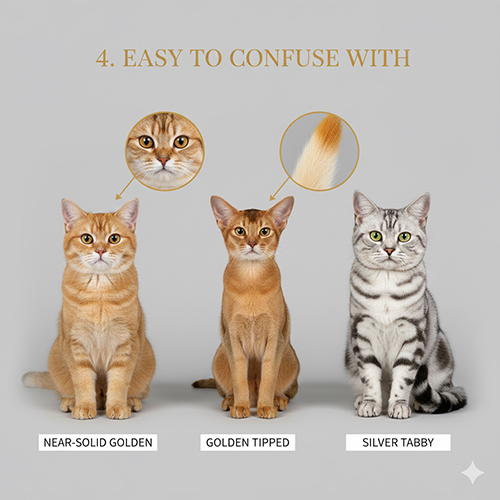 So sánh mèo mướp vàng với mèo vàng gần solid, mèo golden tipped và mèo silver tabby