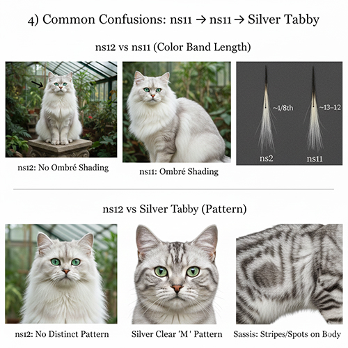 So sánh mèo Silver Chinchilla ns12 với ns11 shaded và silver tabby qua màu lông và hoa văn