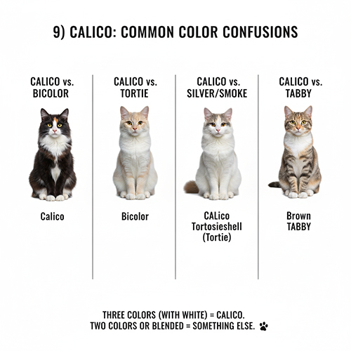 So sánh mèo tam thể calico với bicolor, tortoiseshell, silver smoke và tabby