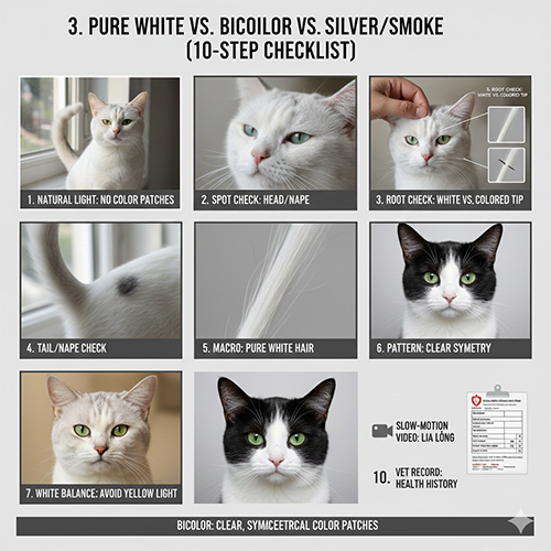 Checklist 10 bước phân biệt mèo trắng thuần, mèo bicolor và mèo silver smoke qua màu lông và gốc lông