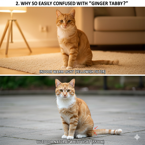 So sánh mèo vàng dưới đèn vàng trong nhà và ánh sáng trắng tự nhiên để nhận biết tabby